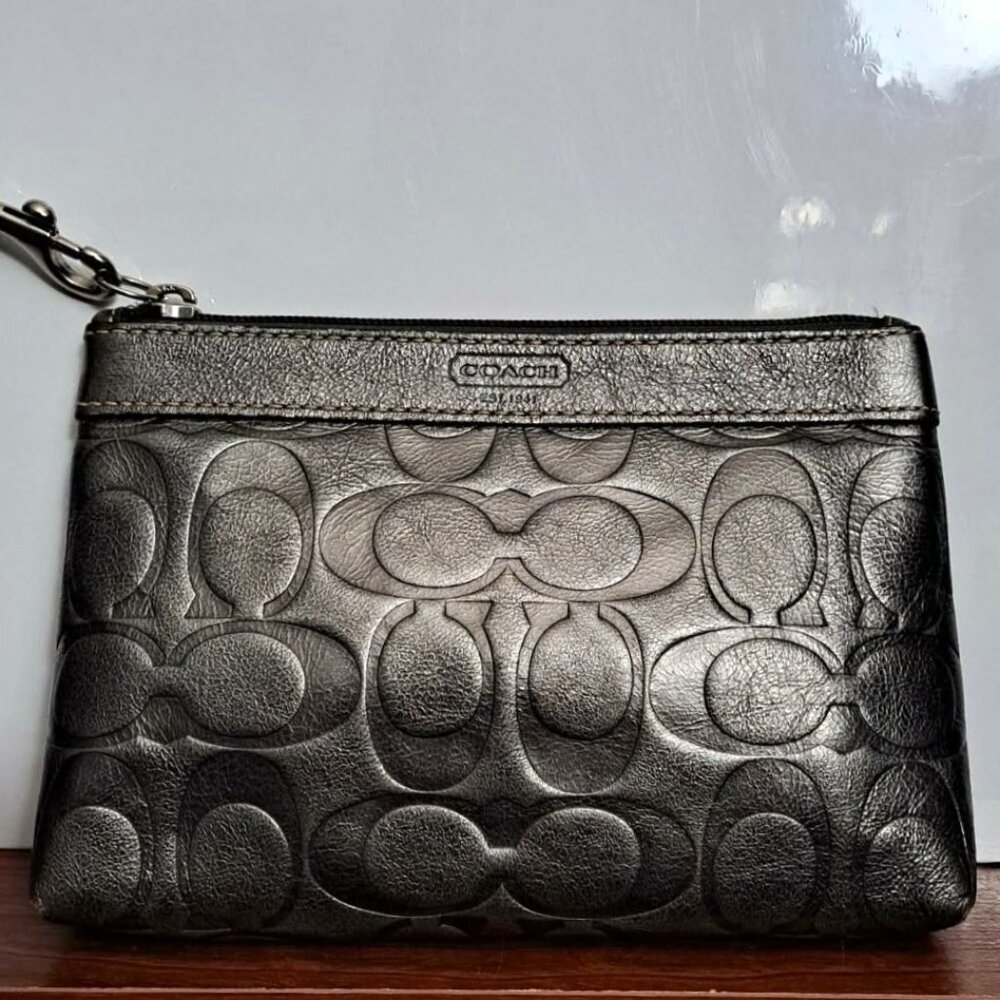 Authentic Coach Signature Embossed Metallic Silver/Gunmetal Leather Wristlet
